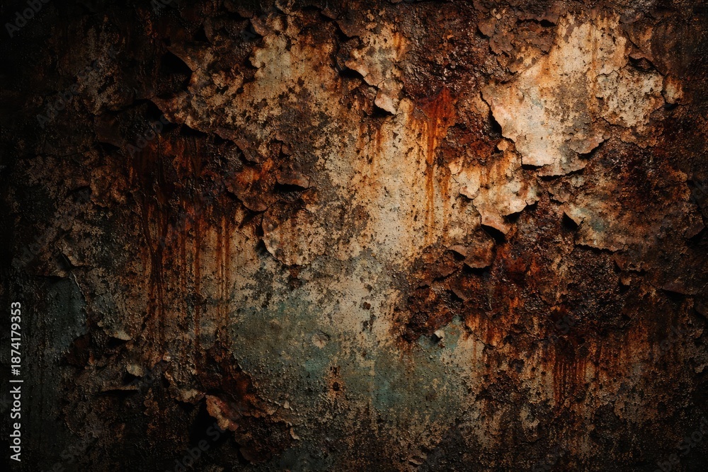 Fototapeta premium Rust and peeling paint combine in grungy old wall texture background