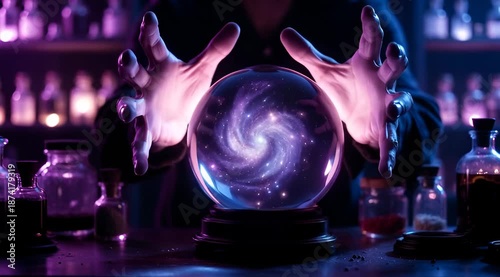 Mystical fortune teller's hands hovering over glowing crystal ball with galaxy inside