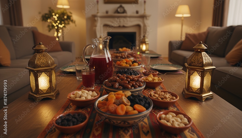 Naklejka premium A beautifully set table with food and drinks in a cozy living room with lanterns