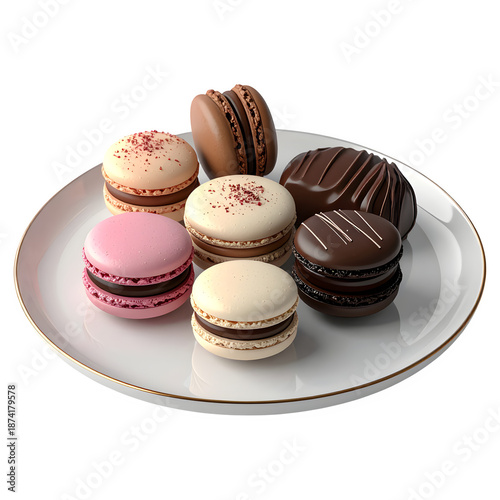 Assorted Gourmet French Macarons and Chocolate Pralines Displayed on a White Plate with Gold Rim Isolated on White Background for Bakery and Patisserie Menu
