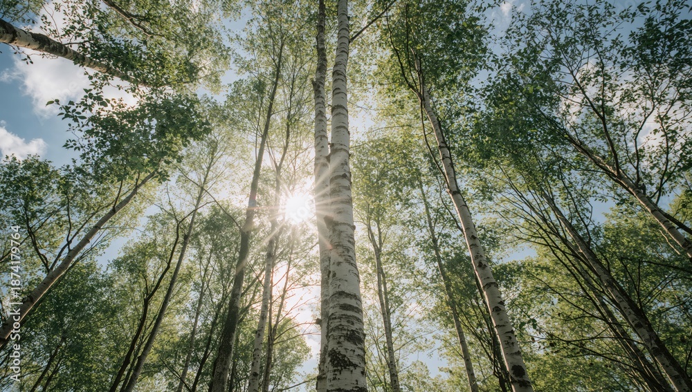 Fototapeta premium Birch trees with moss patches seen from below, highlighting natural forest regeneration, World Environment Day