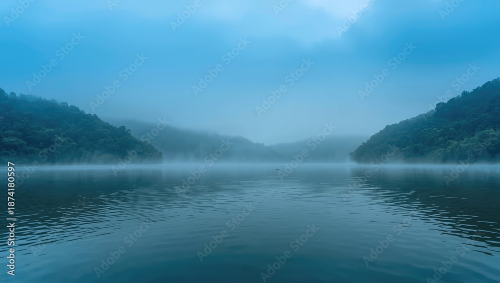 Obraz premium Misty blue fog over a lake during early morning cool temperatures, highlighting seasonal atmospheric conditions