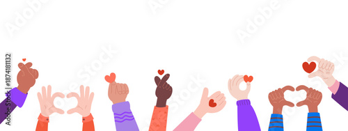 Love and heart hand signs. Communication positive human gestures banner. Vector illustration on a white background with copy space. Heart hands emoji. Valentine's Day border.