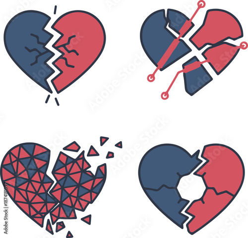 a cracked split heart, a wired mechanical heart, a crumbling geometric polygon heart, and a puzzle heart with a missing piece.