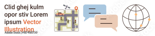 Navigation systems, global networking, communication, digital maps, geography, transportation. Urban map with location pins, speech bubbles and a world map with connecting dots. Navigation systems