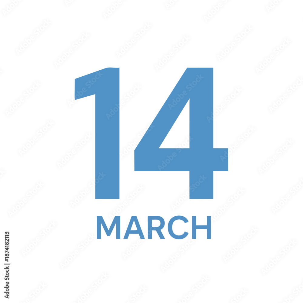 Obraz premium A clean, minimalist graphic symbolizing March 14th, a key calendar date. This bold blue numerical and textual display provides clear, instant