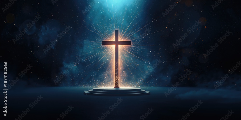 Fototapeta premium Decorative Christian cross design on a luminous background with shining gold elements and light effects, ideal for religious or festive displays