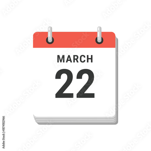 A modern, minimalist digital calendar icon prominently displaying March twenty-second, perfect for illustrating significant dates, upcoming events,