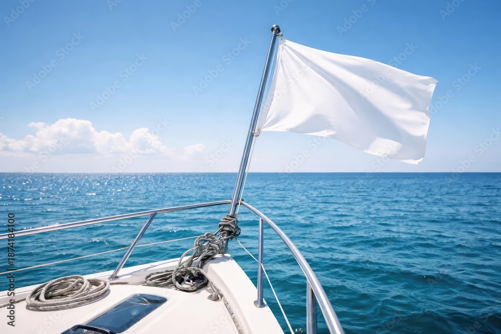 Obraz premium Boat's Bow Flying White Flag with Ample Copyspace