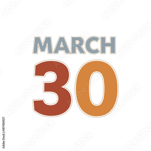 Clean graphic representation of the thirtieth day of March for calendar use and date marking