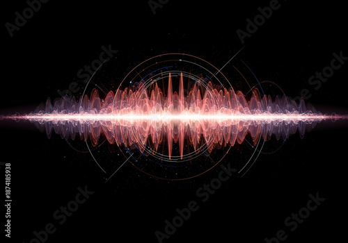 Complex abstract digital background showing energy waves, overlapping sound frequencies, and dynamic geometric interference patterns, backdrop, sound, frequency