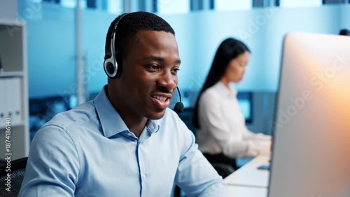 Customer Support Excellence: A focused customer service representative engages in a supportive conversation, delivering assistance with a welcoming demeanor.