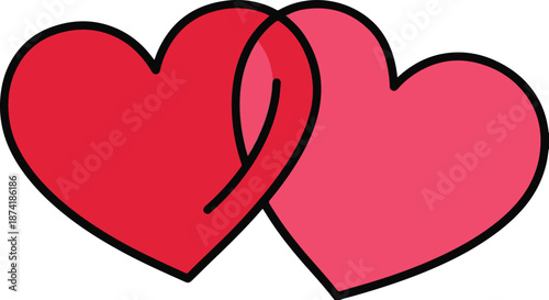 Two red and pink intertwined hearts vector illustration. Symbol of love, romance, and connection isolated on white background.