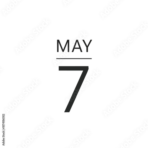 A stark calendar display marking the seventh day of May in elegant minimalist typography against a clean white background a simple precise visual