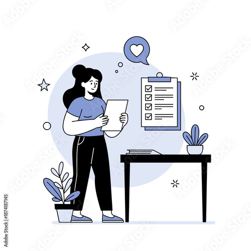 Female character reviewing checklist in minimalist workspace setting
