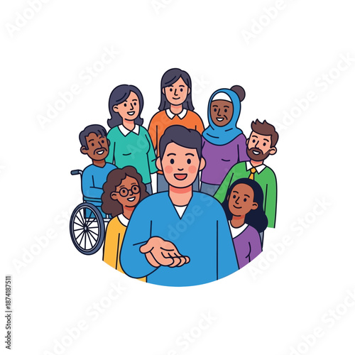 Diverse and inclusive community embracing unity and teamwork, with a welcoming leader representing connection and belonging for all