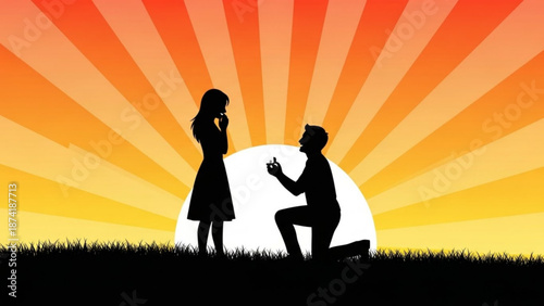 Man Proposing to Woman on One Knee during Sunset Silhouette