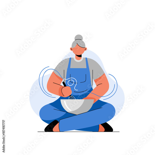 Elderly female cooking, mixing ingredients in bowl with whisk, wearing blue apron