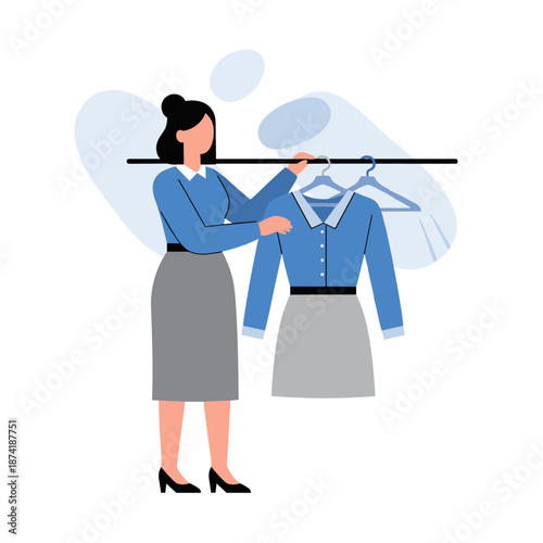 Young asian female choosing outfit from clothing rack in stylish attire