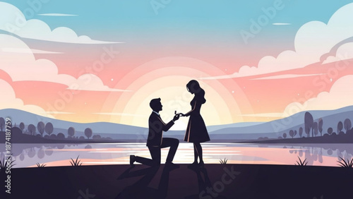 Man Proposing to Woman on One Knee by Lake during Sunset