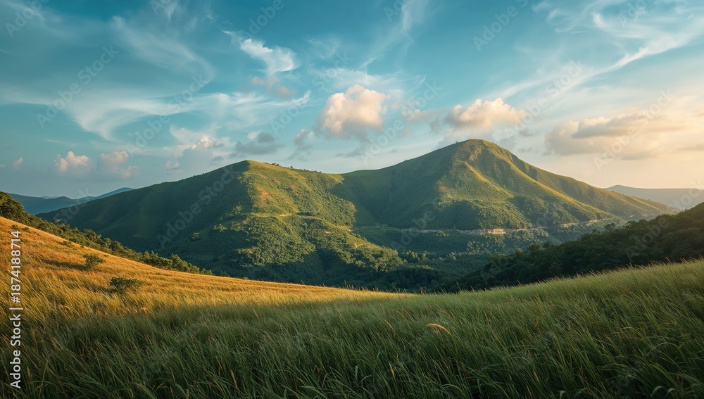 Obraz premium Kerala mountain scene featuring dense vegetation and bright summer sky, ideal for outdoor setting visuals