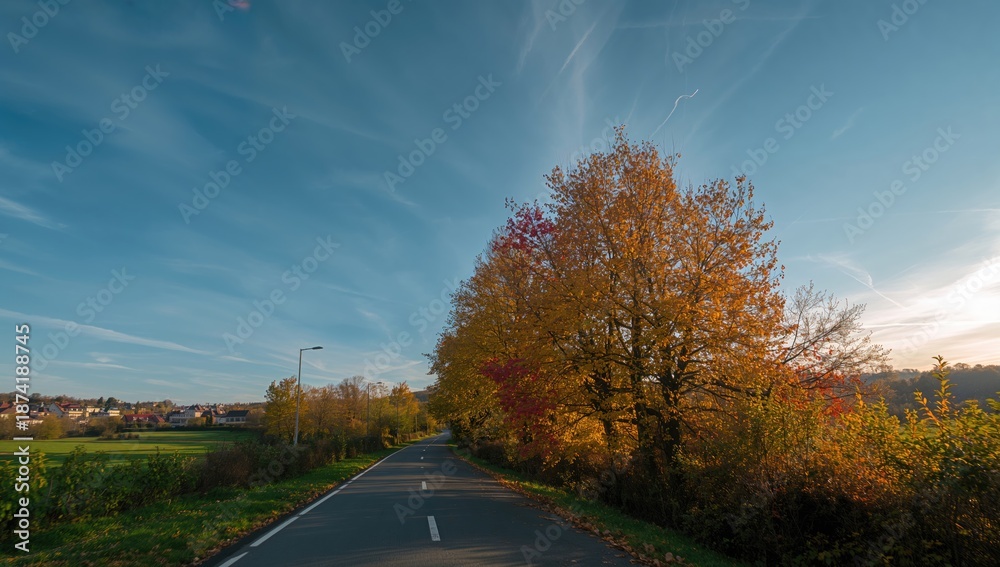 Fototapeta premium Road trip amid vibrant fall leaves, emphasizing seasonal scenery, Fall awareness