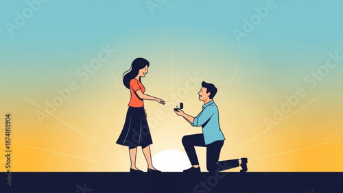 Man Proposing to Woman on One Knee during Sunset