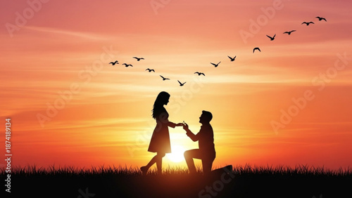Man Proposing to Woman at Sunset with Birds Flying Overhead
