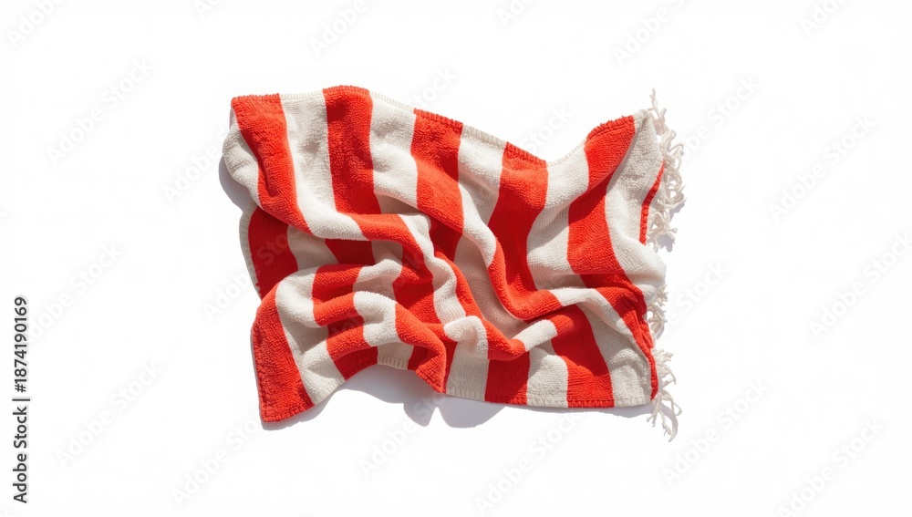 Fototapeta premium White surface with a crumpled striped beach towel, used as a background for text placement or layout, Earth Day