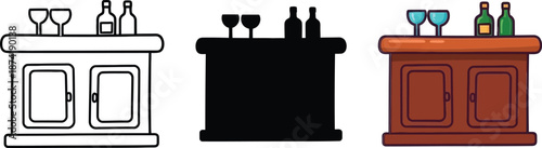 Different style illustrations of a bar counter with bottles and glasses for alcoholic beverages
