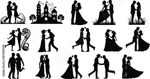 Silhouettes of couples embracing and walking in various romantic settings with a castle and heart symbols