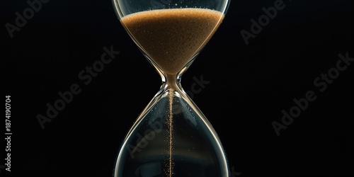 Close-up of a sand timer from beneath, symbolizing the ticking toward New Year, with a black background