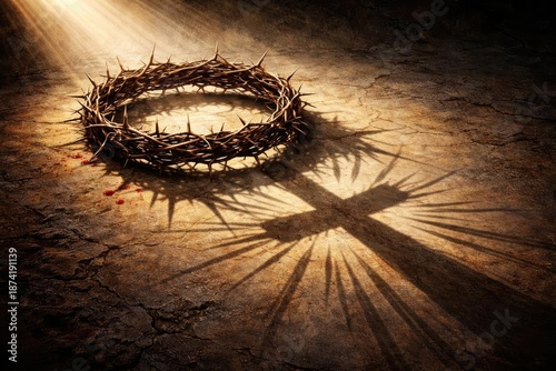 Artistic depiction of the crown of thorns casting shadows symbolizing Jesus's trials and triumph