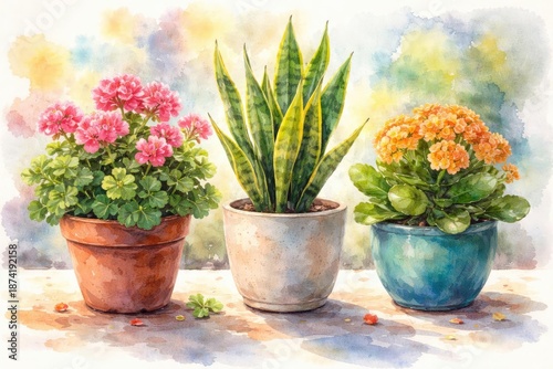 watercolor artwork featuring three bright potted plants on display