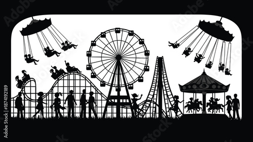 Silhouettes of people enjoying various amusement park rides at night including a Ferris wheel, roller coaster, swing ride, and carousel