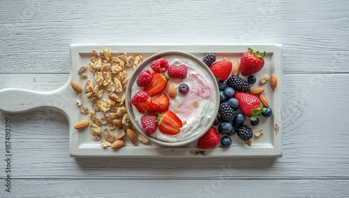 Oat granola served with yogurt and mixed berries on a white wooden surface, fiber-rich food choices