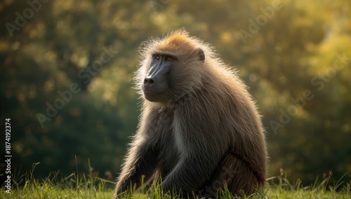 Hamadryas baboon, Papio hamadryas, resting on rocky terrain, highlighting biodiversity preservation