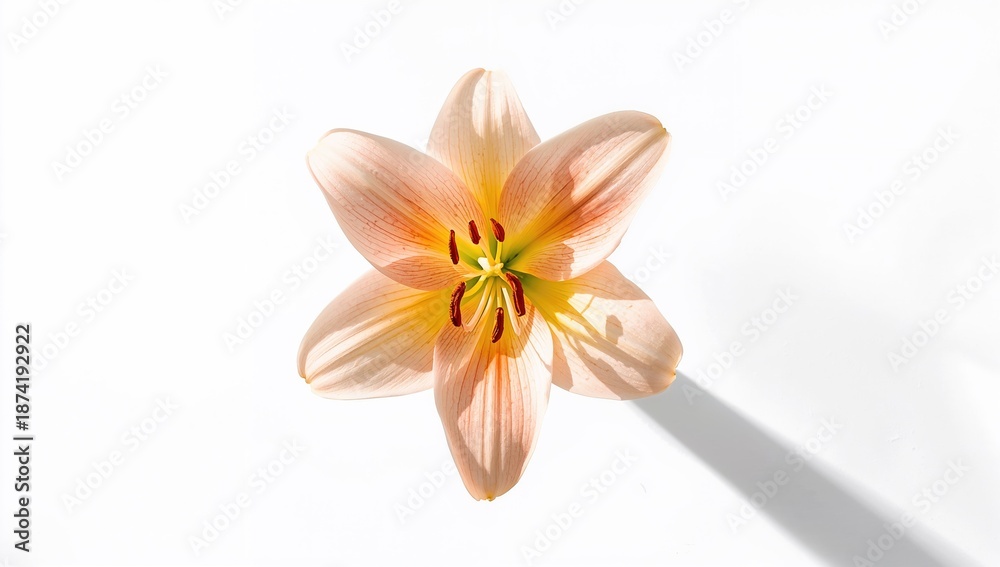 Fototapeta premium Closeup of a lily flower on a plain white background, ideal for graphic design, top-down perspective