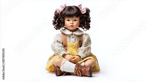 Adorable vintage-style doll wearing a yellow dress with detailed textures, evoking childhood innocence and classic toy design