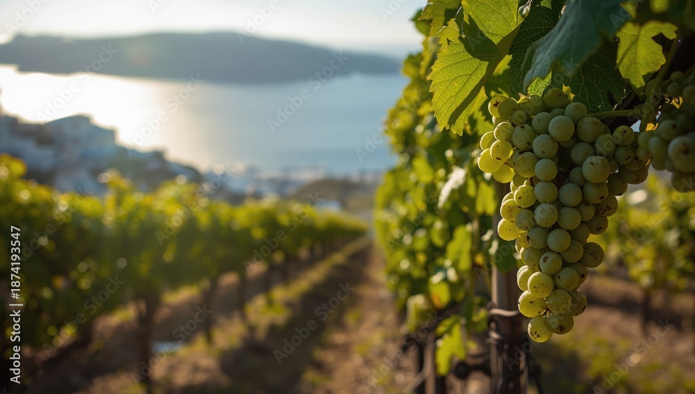 Fototapeta premium Indigenous Assyrtiko wine grape growing on Santorini, highlighting traditional farming techniques