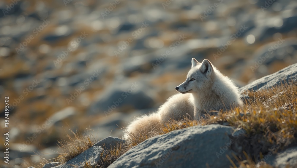 Fototapeta premium Arctic fox perched on a rock ledge with summer fur in a shaded area, highlighting wildlife and seasonal adaptation