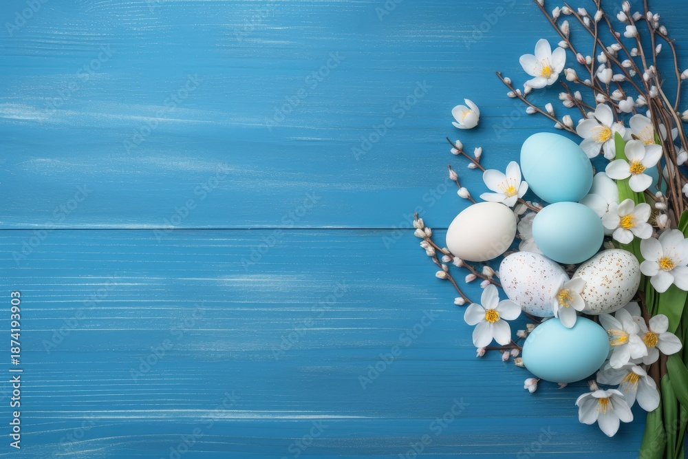 custom made wallpaper toronto digitalPastel easter eggs with spring flowers and catkins arranged on a blue wooden surface