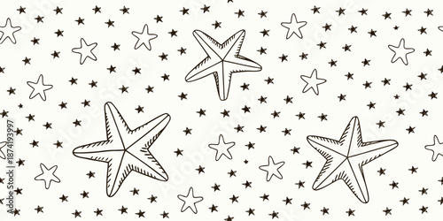 Whimsical hand-drawn starfish and stars seamless pattern