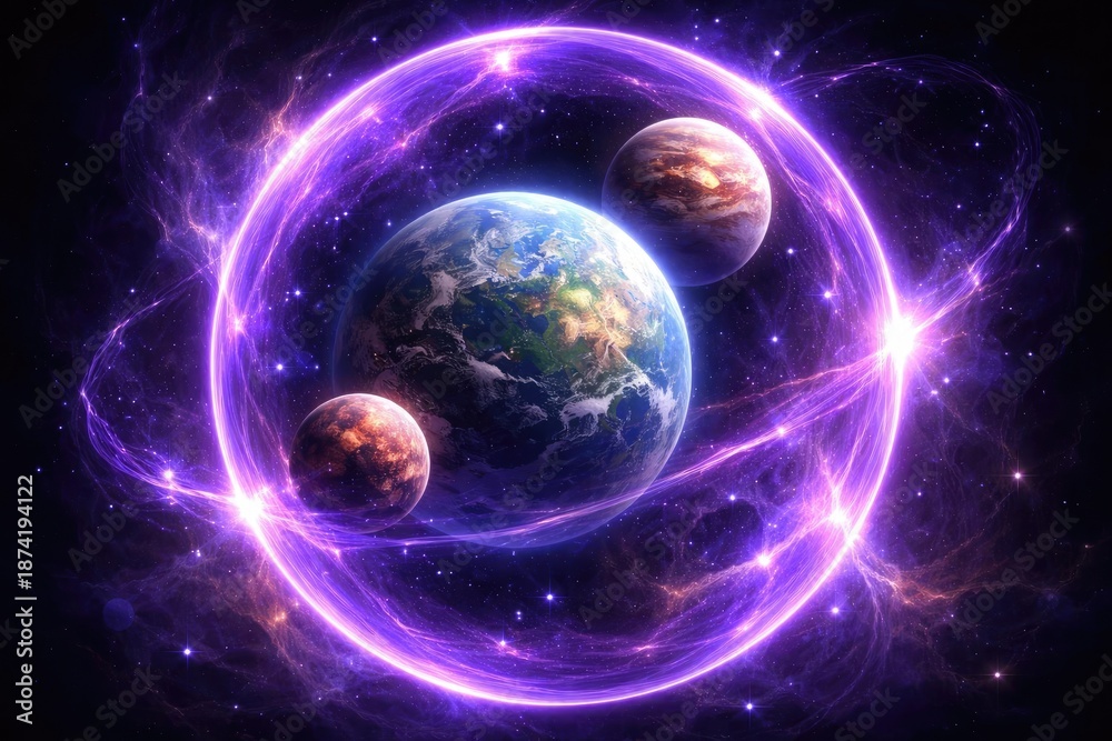 Obraz premium Three planets showcased within a glowing purple orb