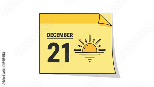 A vibrant yellow calendar page displaying December 21st with a serene sunrise or sunset icon, representing daily planning, important seasonal dates,