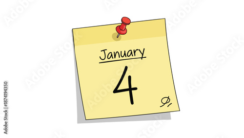 A vibrant yellow sticky note featuring January 4th in clear script, secured by a bold red thumbtack on a white background, perfect for calendaring