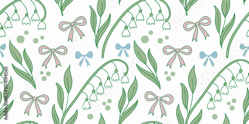 Seamless pattern with lily of the valley flowers and bows