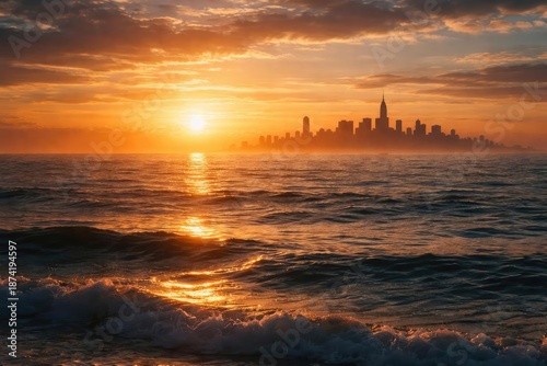 Morning glow on ocean with city silhouette in distance