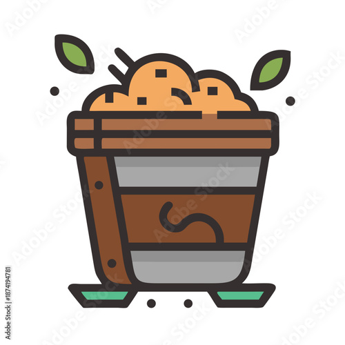 Colorful compost bin with organic material and leaves on a white background
