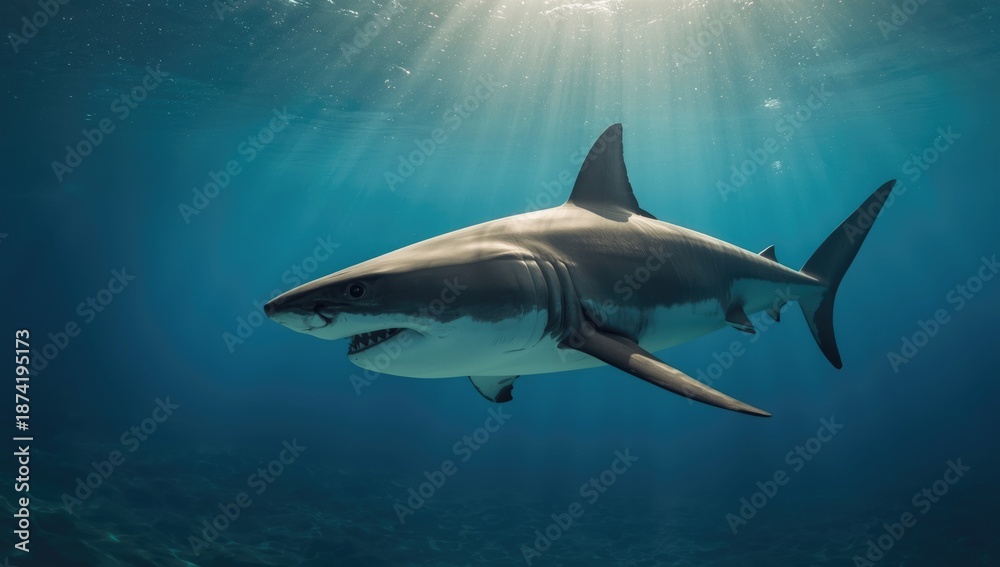 Fototapeta premium Great white shark gliding near the seabed at Neptune Islands, highlighting apex predator in natural habitat, Marine Awareness Day
